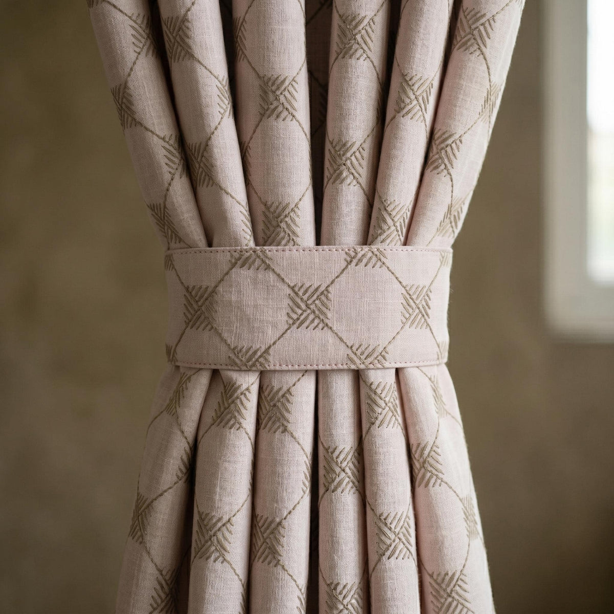 Light Pink Linen Curtains, Taupe Diamond Trellis Embroidered Drapes, Heavy Linen Blackout Custom Panels — image 2