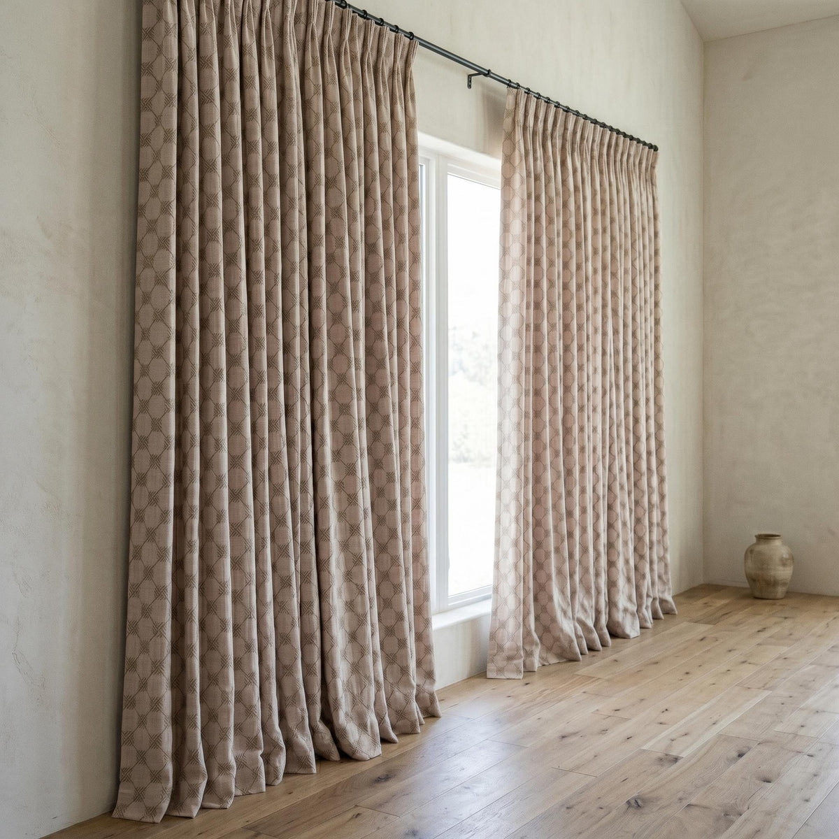 Light Pink Linen Curtains, Taupe Diamond Trellis Embroidered Drapes, Heavy Linen Blackout Custom Panels — image 10
