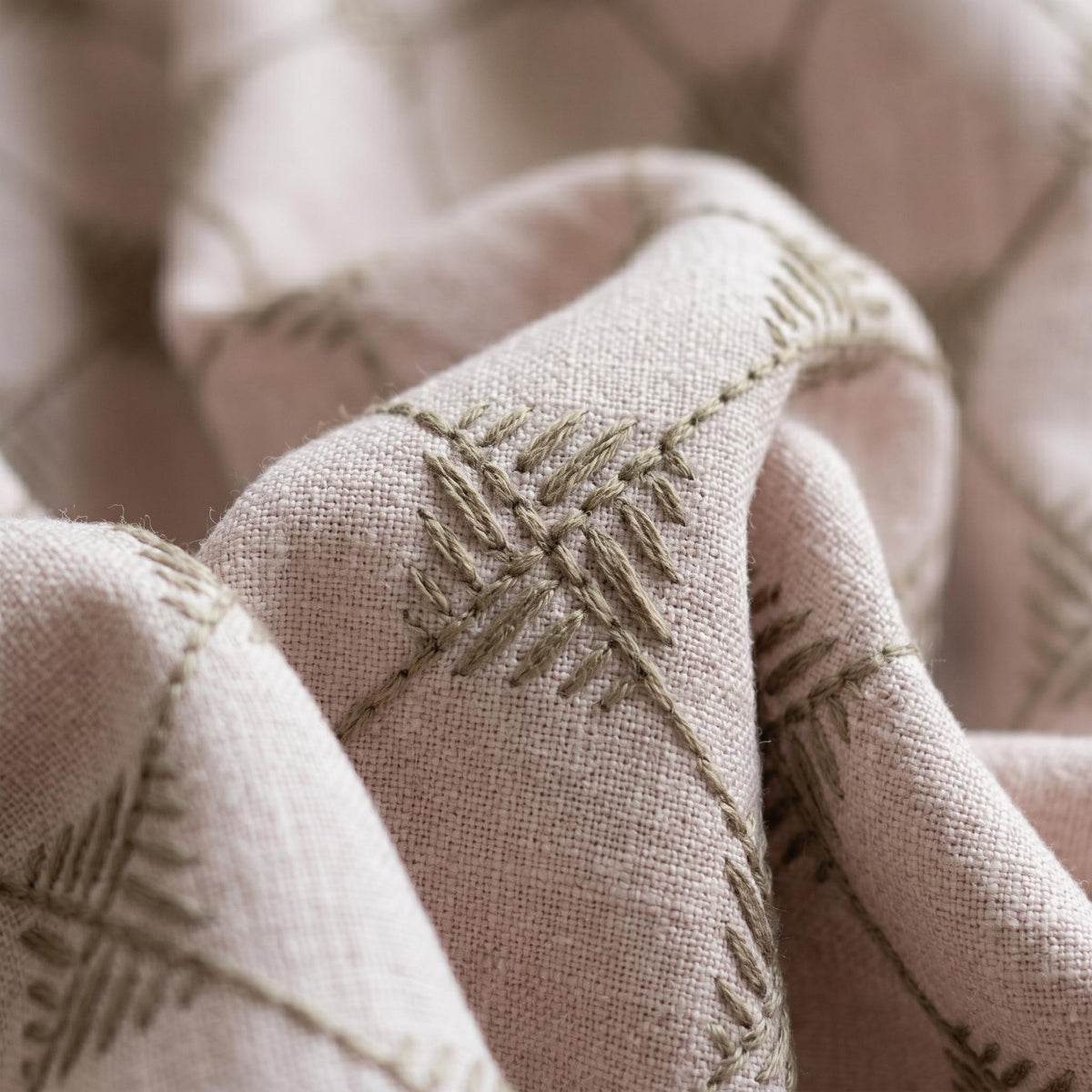 Light Pink Linen Curtains, Taupe Diamond Trellis Embroidered Drapes, Heavy Linen Blackout Custom Panels — image 8