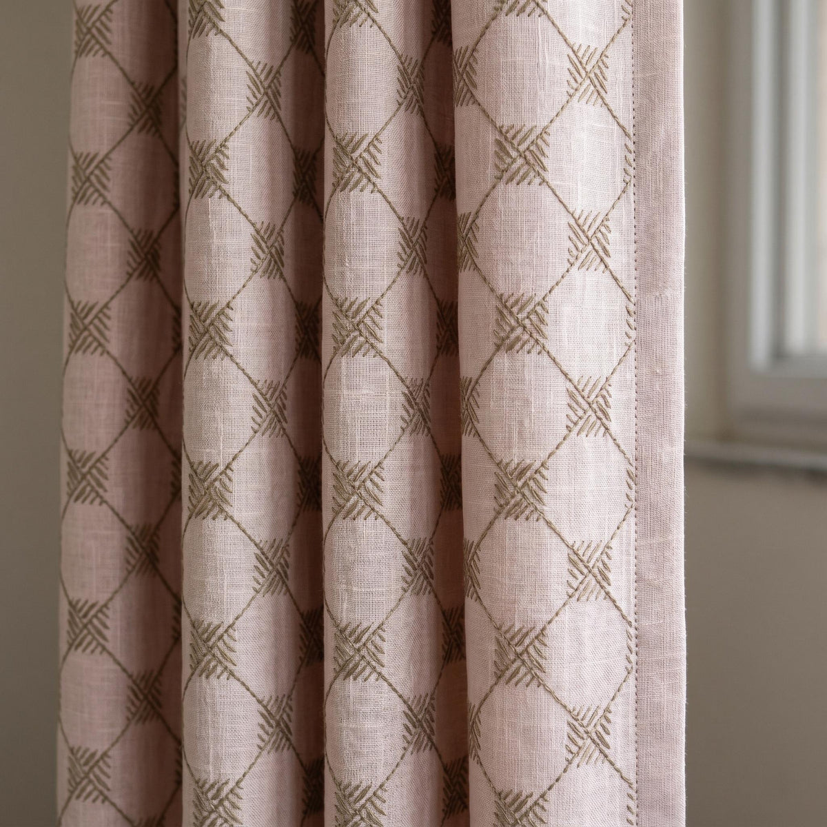 Light Pink Linen Curtains, Taupe Diamond Trellis Embroidered Drapes, Heavy Linen Blackout Custom Panels — image 7