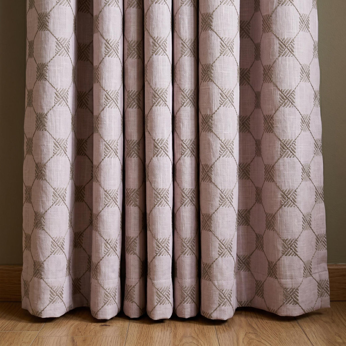 Light Pink Linen Curtains, Taupe Diamond Trellis Embroidered Drapes, Heavy Linen Blackout Custom Panels — image 9