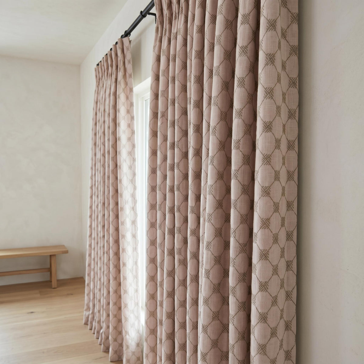 Light Pink Linen Curtains, Taupe Diamond Trellis Embroidered Drapes, Heavy Linen Blackout Custom Panels — image 6