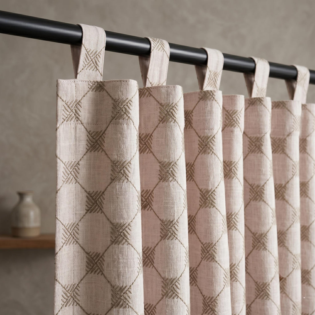 Light Pink Linen Curtains, Taupe Diamond Trellis Embroidered Drapes, Heavy Linen Blackout Custom Panels — image 1