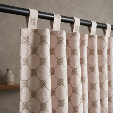 Light Pink Linen Curtains, Taupe Diamond Trellis Embroidered Drapes, Heavy Linen Blackout Custom Panels — image 1
