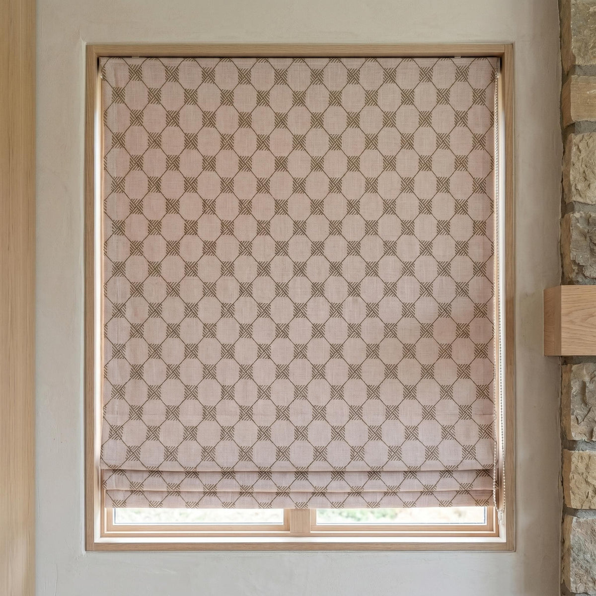 Light Pink Linen Roman Shade, Taupe Embroidered Diamond Blind, Custom Corded Blackout or Cotton Lined Window Shade — image 5