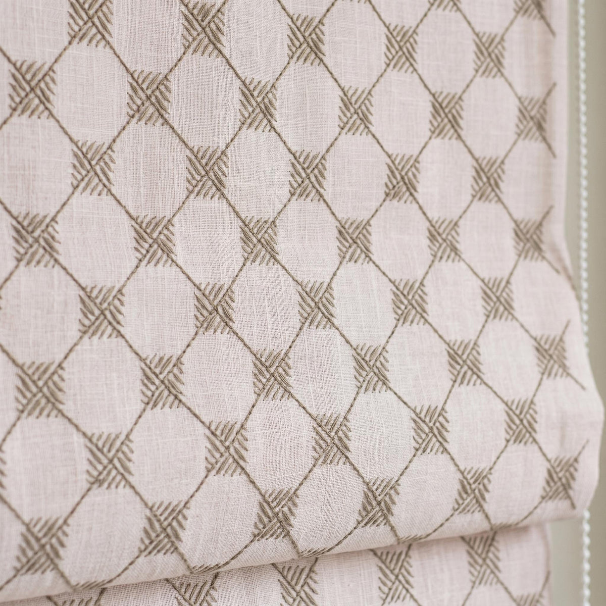 Light Pink Linen Roman Shade, Taupe Embroidered Diamond Blind, Custom Corded Blackout or Cotton Lined Window Shade — image 3