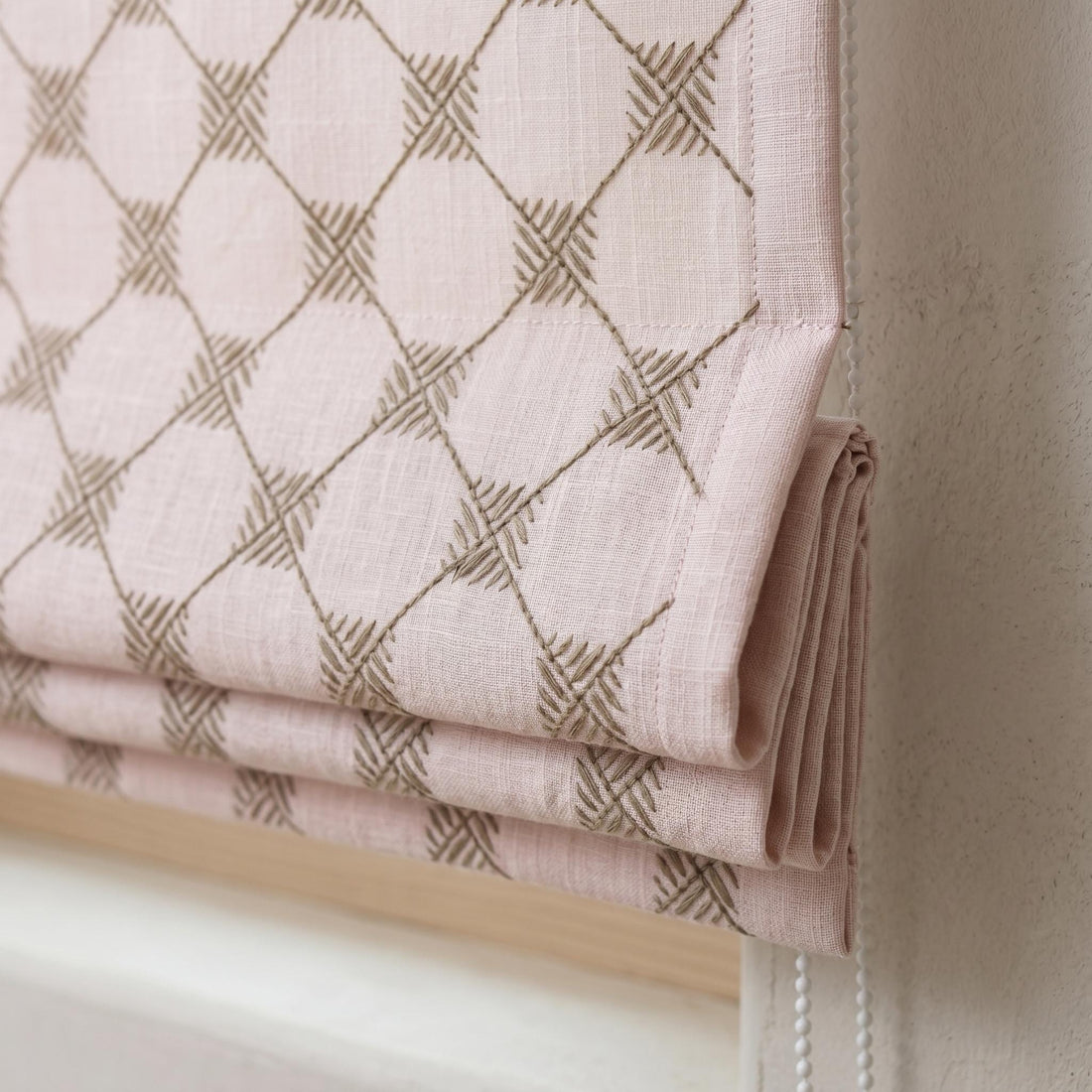 Light Pink Linen Roman Shade, Taupe Embroidered Diamond Blind, Custom Corded Blackout or Cotton Lined Window Shade — image 1