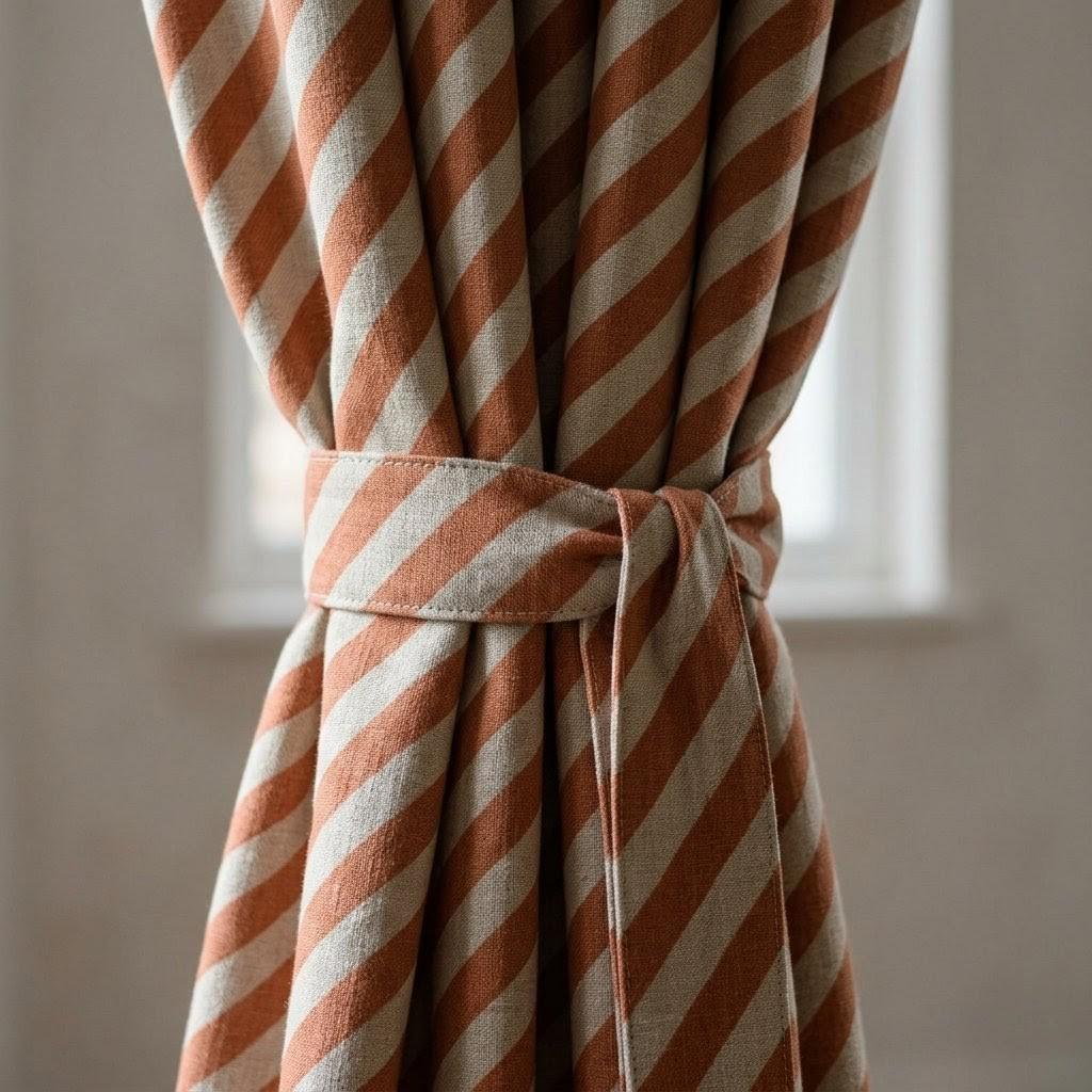 Terracotta Stripe Linen Curtains, Heavy Pure Linen Drapes, Rust Orange Diagonal Striped Blackout or Cotton Lined Curtains — image 3