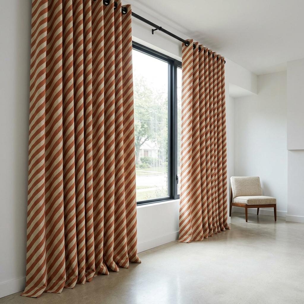 Terracotta Stripe Linen Curtains, Heavy Pure Linen Drapes, Rust Orange Diagonal Striped Blackout or Cotton Lined Curtains — image 9