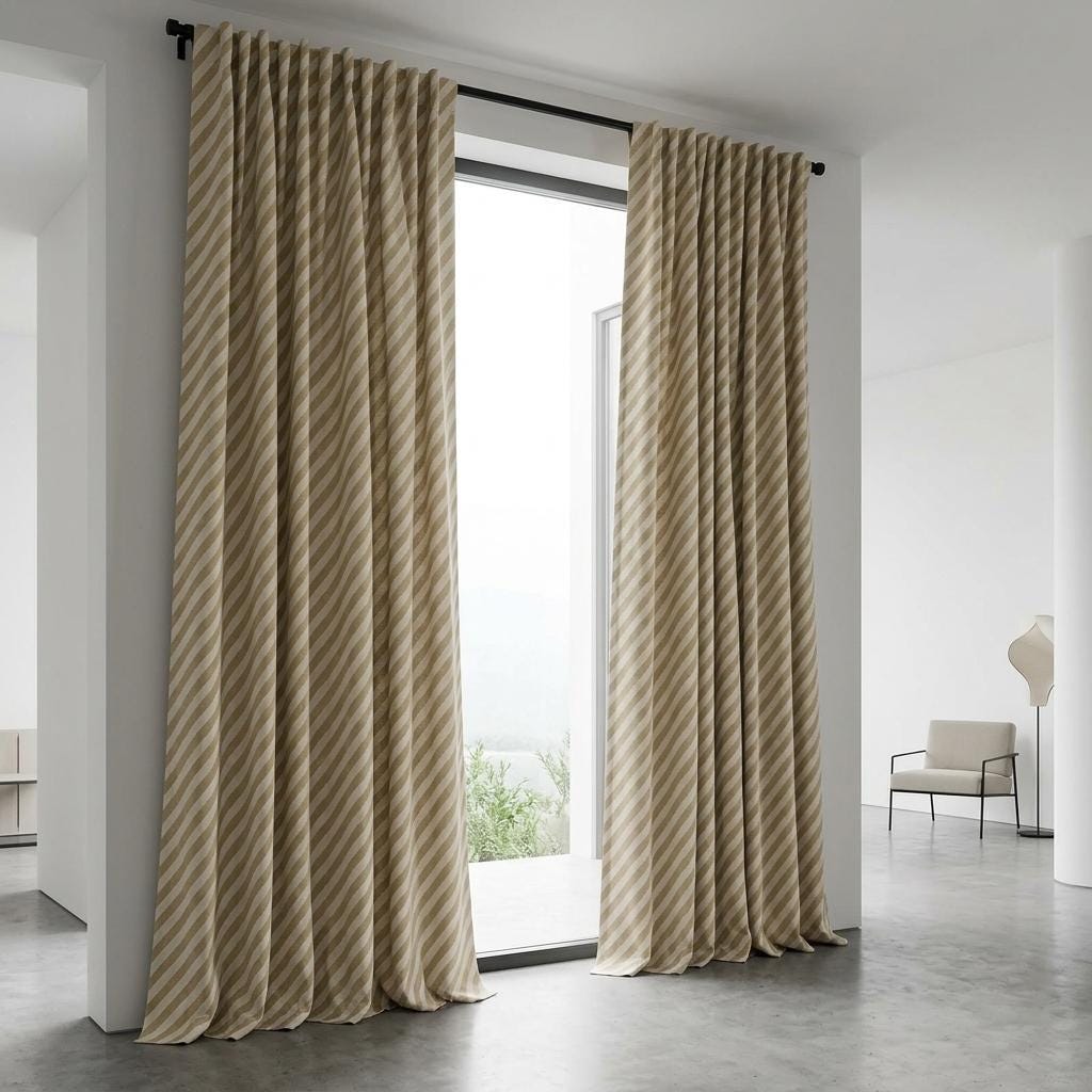 Beige Stripe Linen Curtains, Heavy Pure Linen Drapes, Taupe Diagonal Striped Blackout or Cotton Lined Custom Curtains — image 5