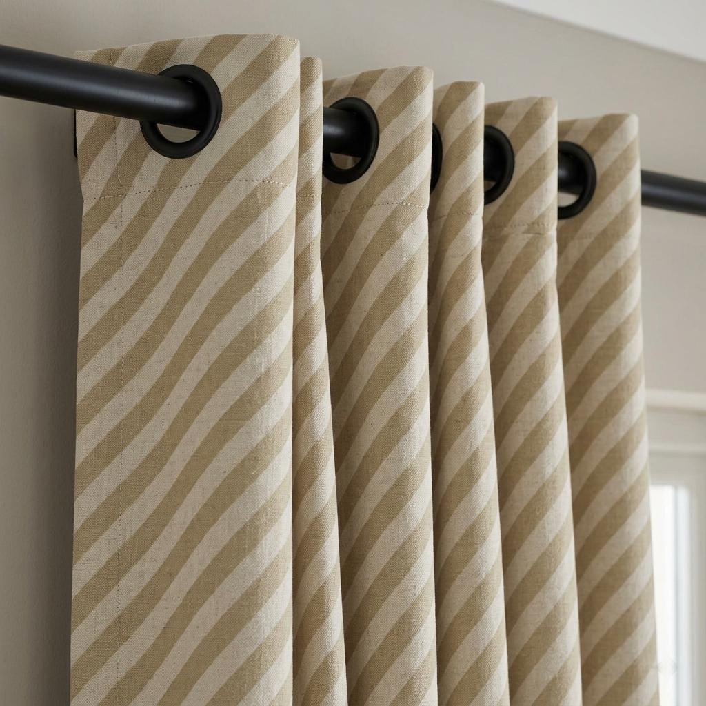 Beige Stripe Linen Curtains, Heavy Pure Linen Drapes, Taupe Diagonal Striped Blackout or Cotton Lined Custom Curtains — image 4