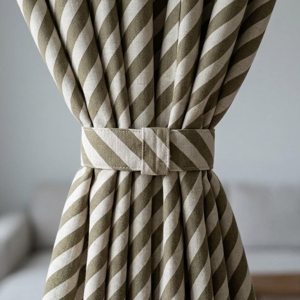 Olive Green Stripe Linen Curtains, Heavy Pure Linen Drapes, Khaki Diagonal Striped Blackout or Cotton Lined Curtain — image 2