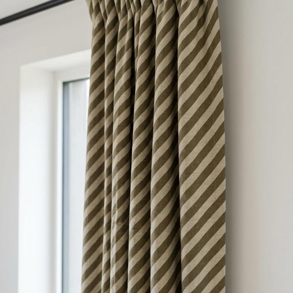 Olive Green Stripe Linen Curtains, Heavy Pure Linen Drapes, Khaki Diagonal Striped Blackout or Cotton Lined Curtain — image 4