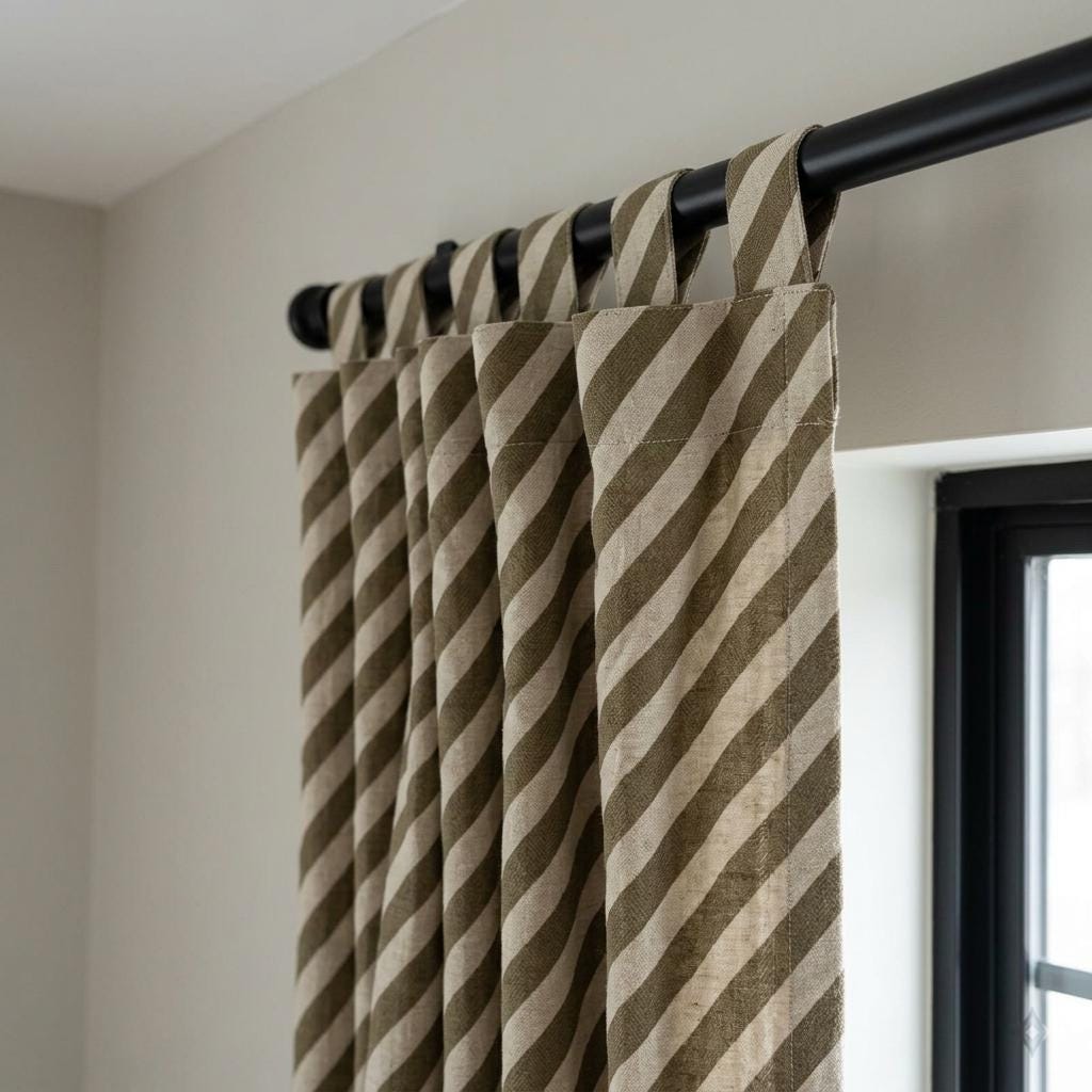 Olive Green Stripe Linen Curtains, Heavy Pure Linen Drapes, Khaki Diagonal Striped Blackout or Cotton Lined Curtain — image 5