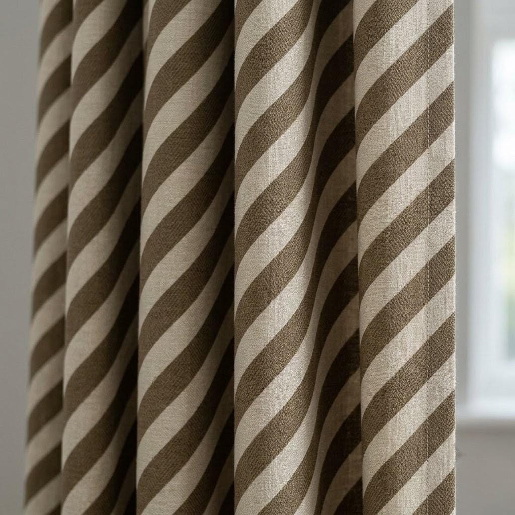 Olive Green Stripe Linen Curtains, Heavy Pure Linen Drapes, Khaki Diagonal Striped Blackout or Cotton Lined Curtain — image 1