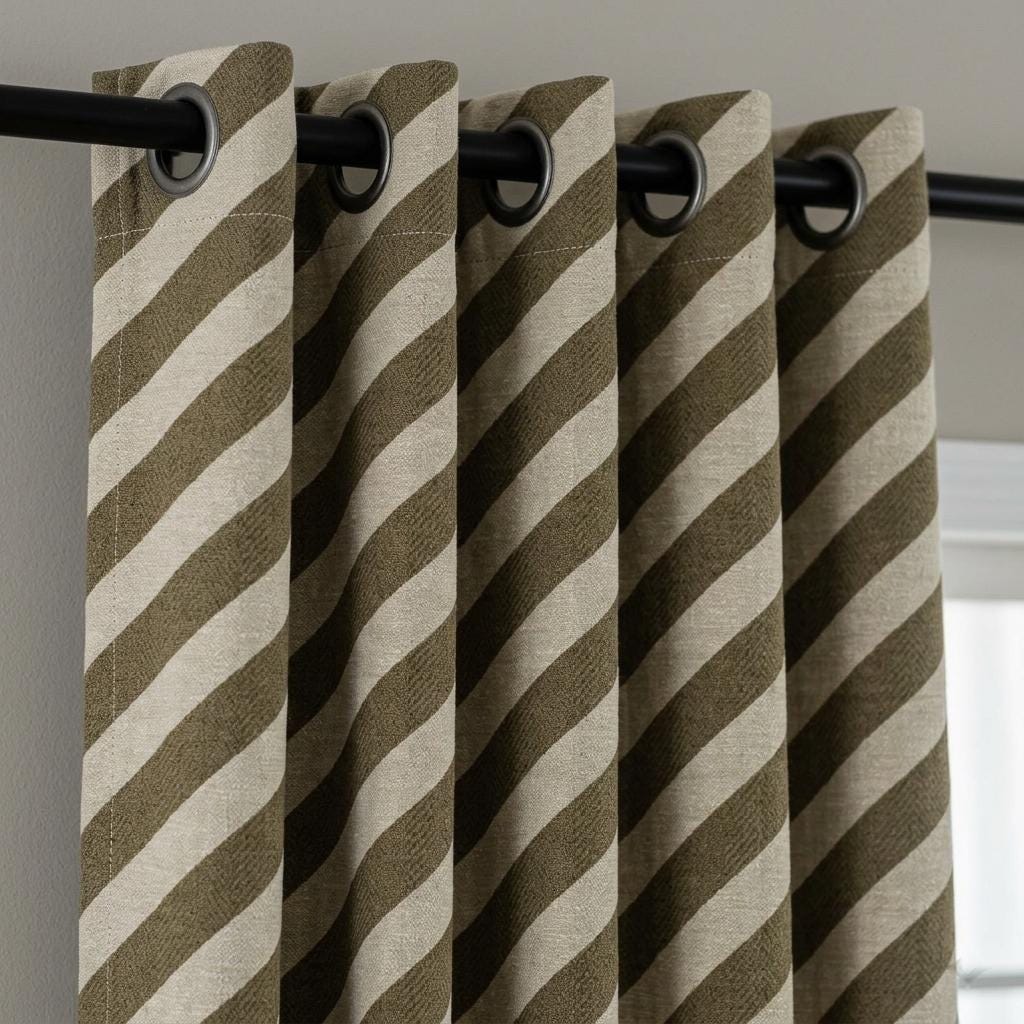Olive Green Stripe Linen Curtains, Heavy Pure Linen Drapes, Khaki Diagonal Striped Blackout or Cotton Lined Curtain — image 7