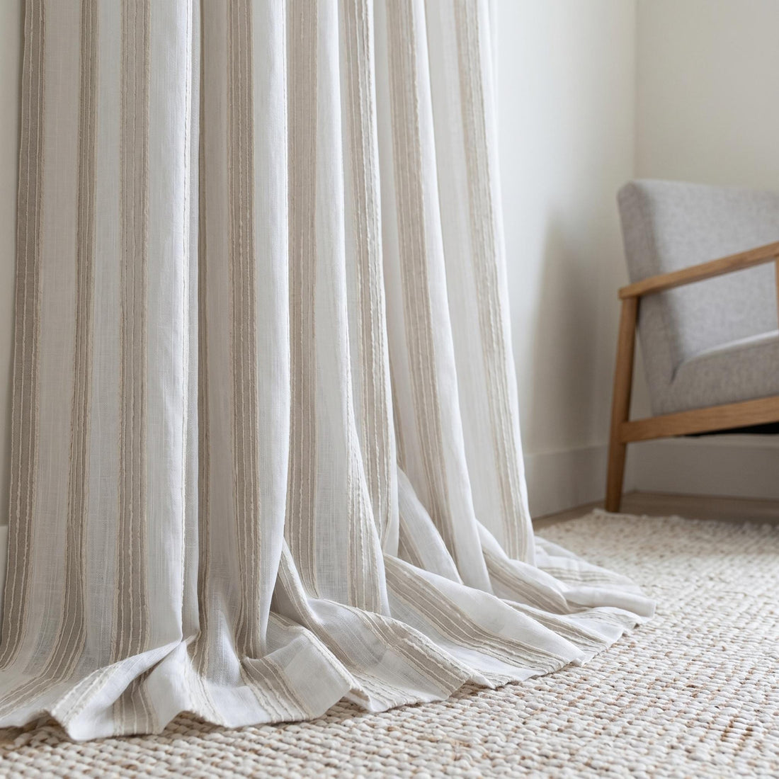 White Linen Sheer Curtains, Cream Embroidered Stripe Drapes, Custom Neutral Privacy Window Panels for Rod or Track — image 1
