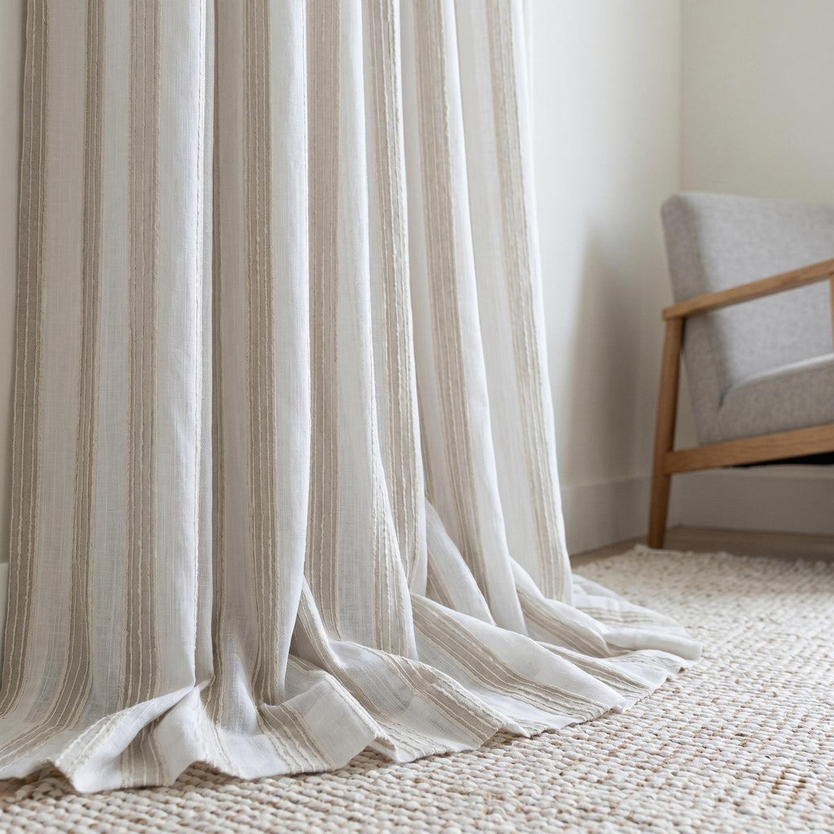 White Linen Sheer Curtains, Cream Embroidered Stripe Drapes, Custom Neutral Privacy Window Panels for Rod or Track — image 1