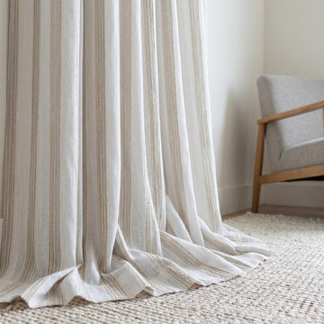 White Linen Sheer Curtains, Cream Embroidered Stripe Drapes, Custom Neutral Privacy Window Panels for Rod or Track — image 1