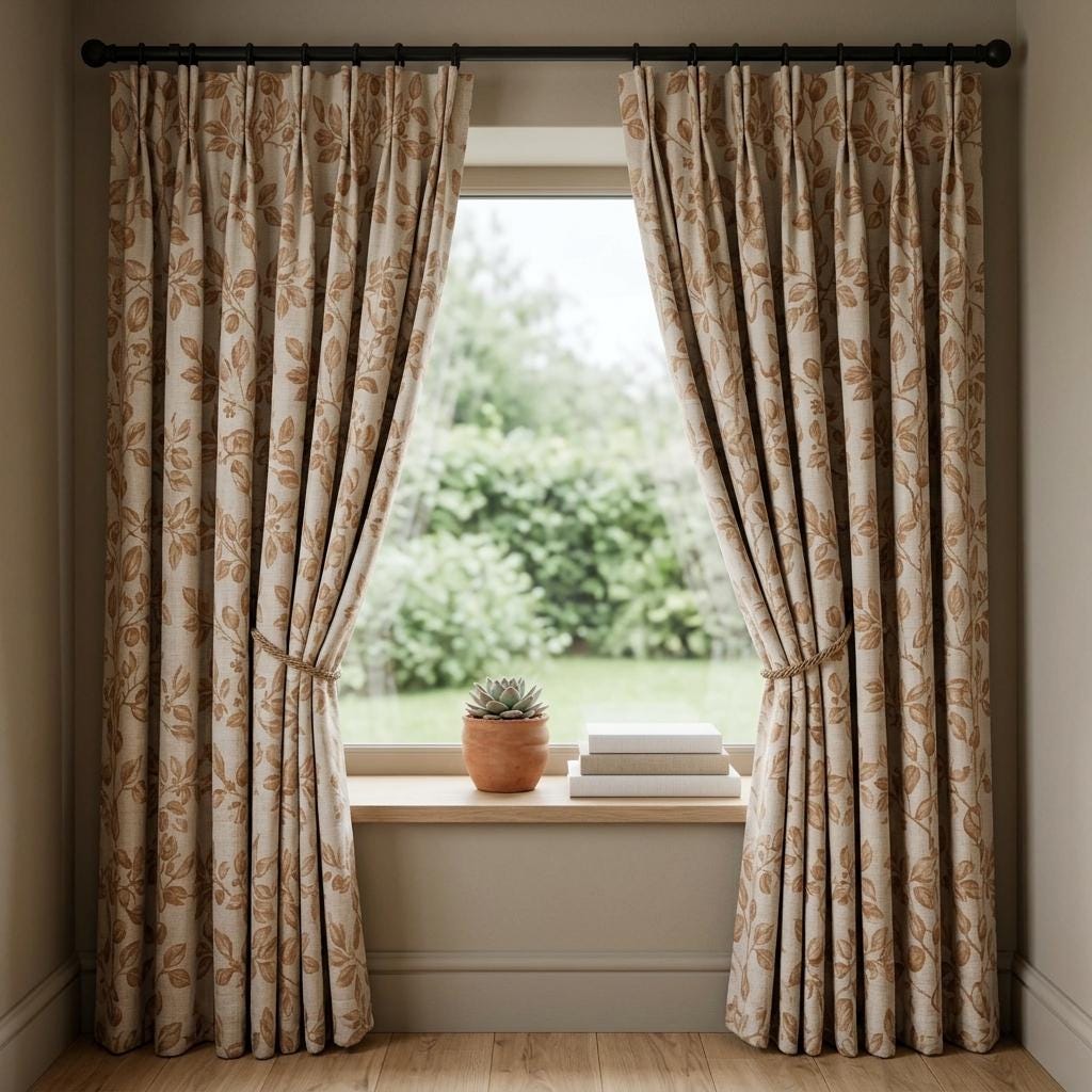 Heavy Pure Linen Curtains, Warm Tan Brown Botanical Leaf Vine Drapes, Oatmeal Beige Blackout or Cotton Lined Panels — image 9