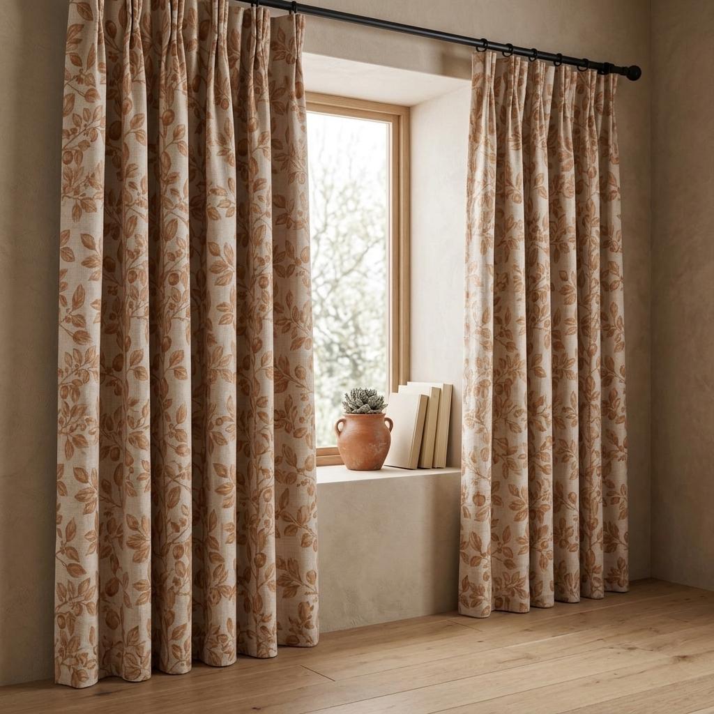 Heavy Pure Linen Curtains, Warm Tan Brown Botanical Leaf Vine Drapes, Oatmeal Beige Blackout or Cotton Lined Panels — image 10