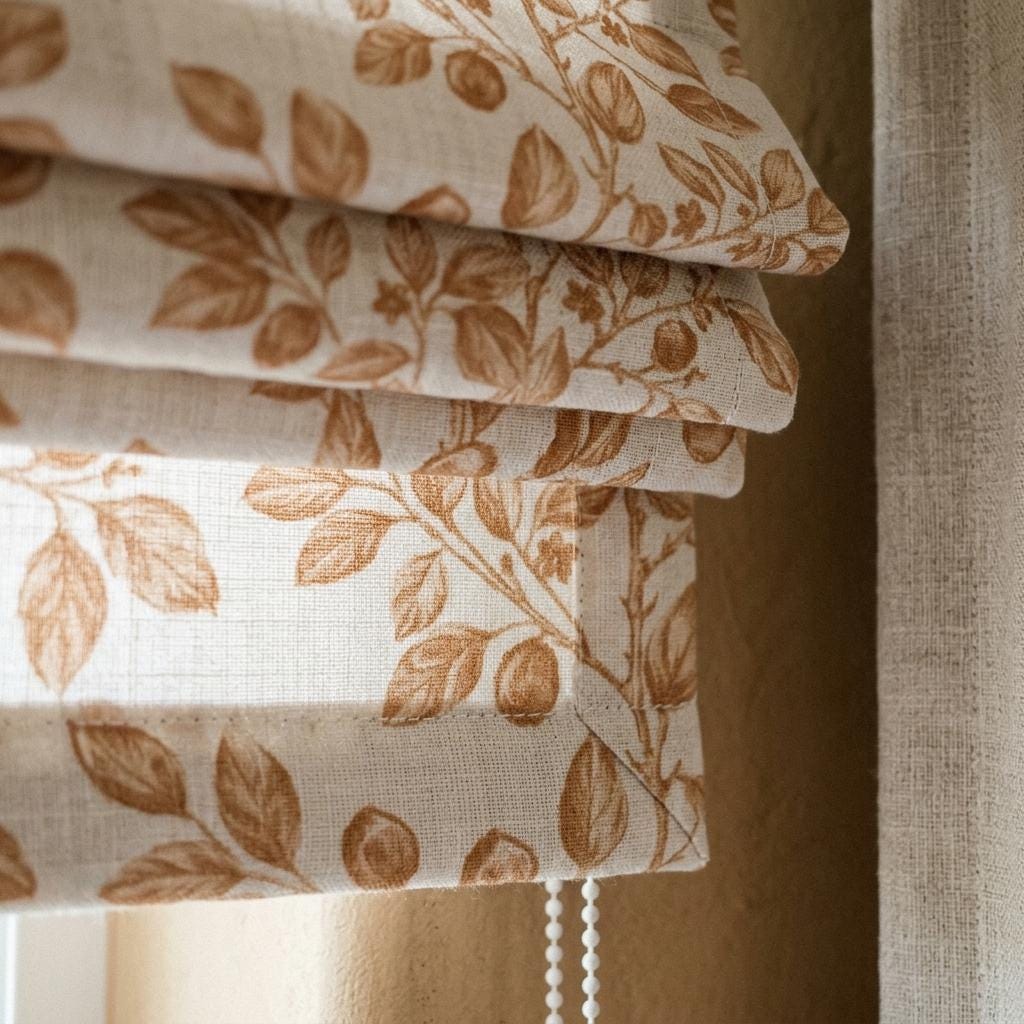 Terracotta Botanical Linen Roman Shade, Custom Corded Roman Blind, Rust Floral Vine Window Shade, Blackout or Lined — image 5