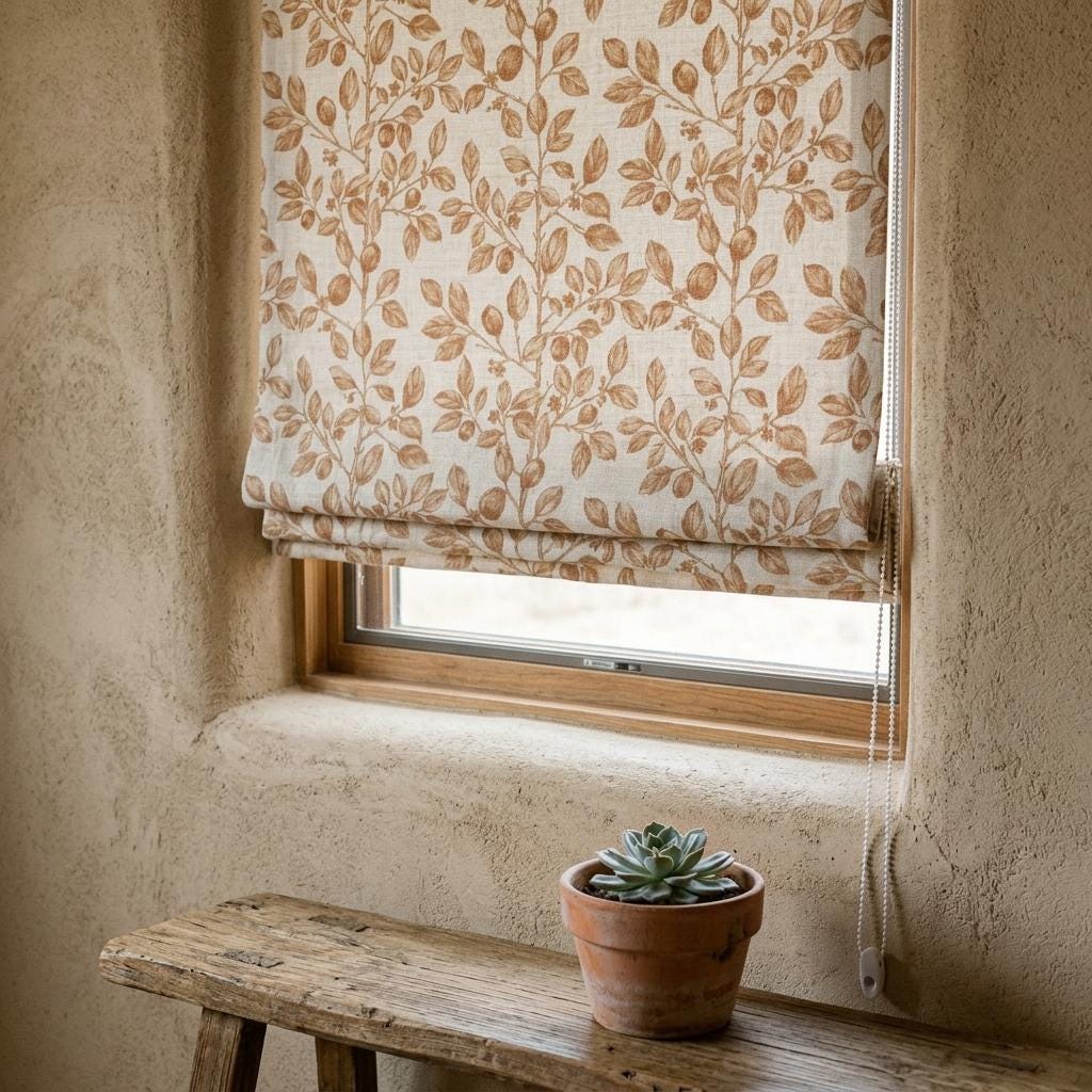 Terracotta Botanical Linen Roman Shade, Custom Corded Roman Blind, Rust Floral Vine Window Shade, Blackout or Lined — image 7