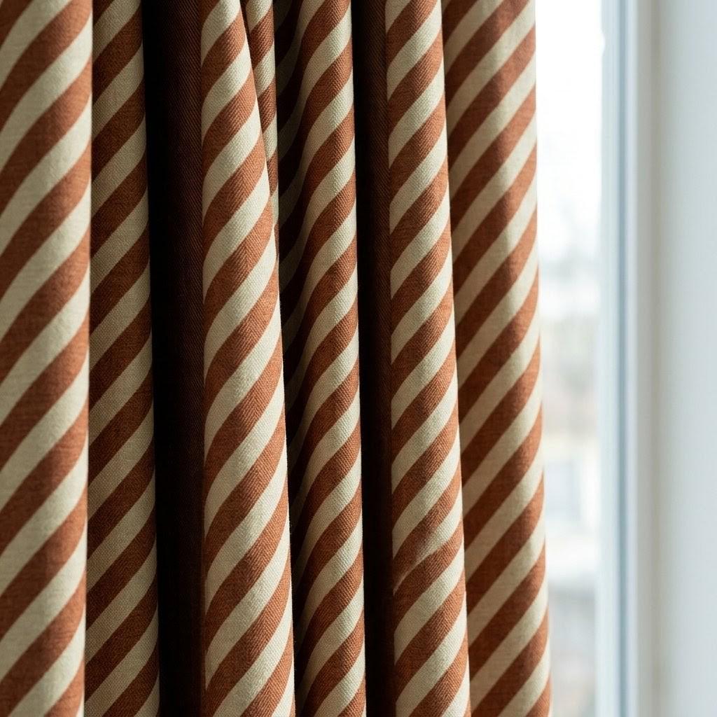 Brown Stripe Linen Curtains, Heavy Pure Linen Drapes, Cinnamon Diagonal Striped Blackout or Cotton Lined Custom Curtain — image 4