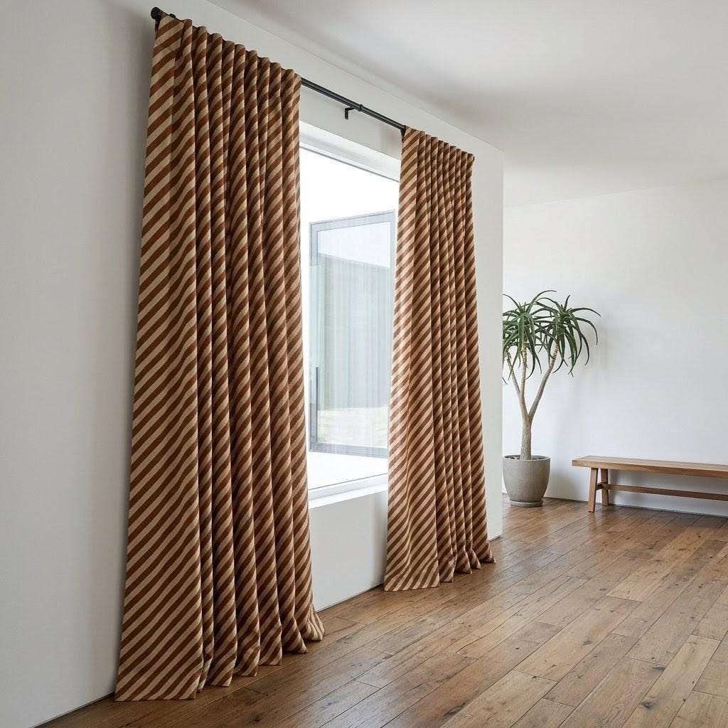 Brown Stripe Linen Curtains, Heavy Pure Linen Drapes, Cinnamon Diagonal Striped Blackout or Cotton Lined Custom Curtain — image 8