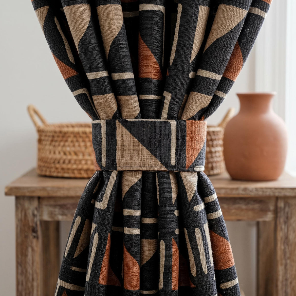 Black Terracotta Tribal Linen Curtains, Boho Geometric Drapes, Heavy Abstract Linen Curtain Panels, Blackout Custom Curtains — image 5