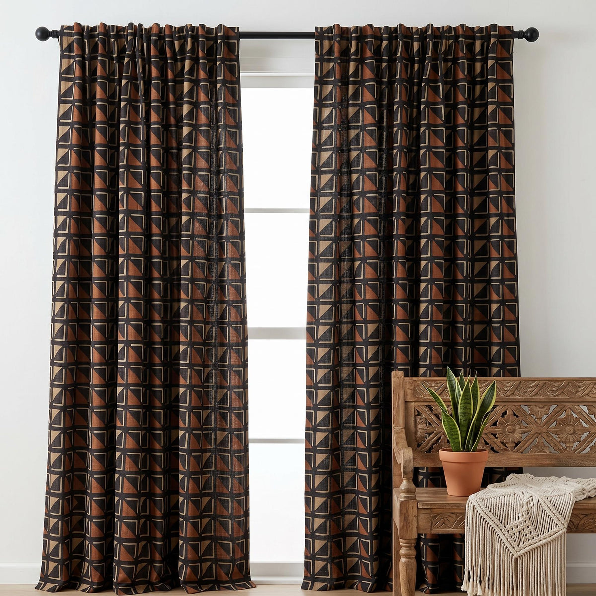 Black Terracotta Tribal Linen Curtains, Boho Geometric Drapes, Heavy Abstract Linen Curtain Panels, Blackout Custom Curtains — image 7