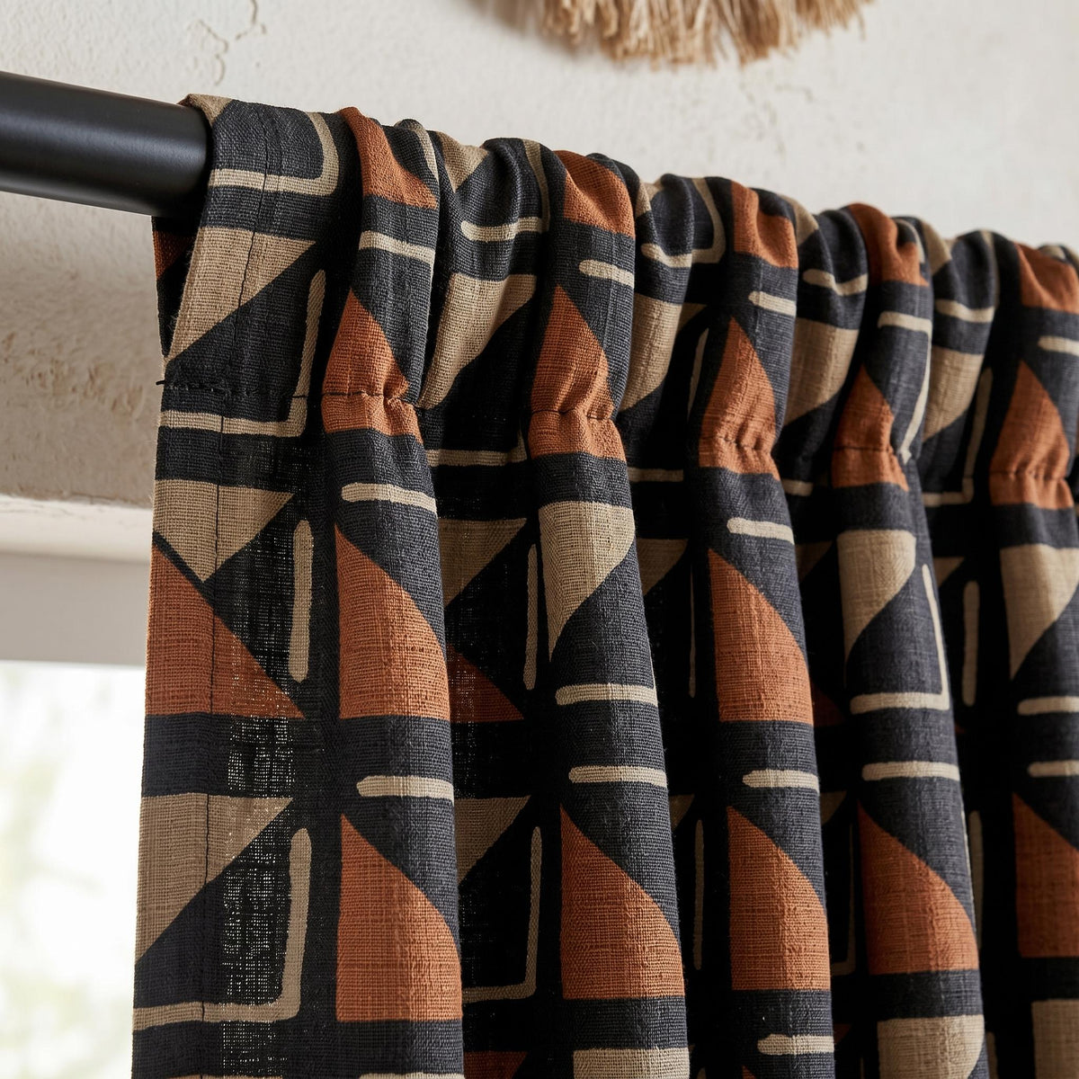 Black Terracotta Tribal Linen Curtains, Boho Geometric Drapes, Heavy Abstract Linen Curtain Panels, Blackout Custom Curtains — image 3