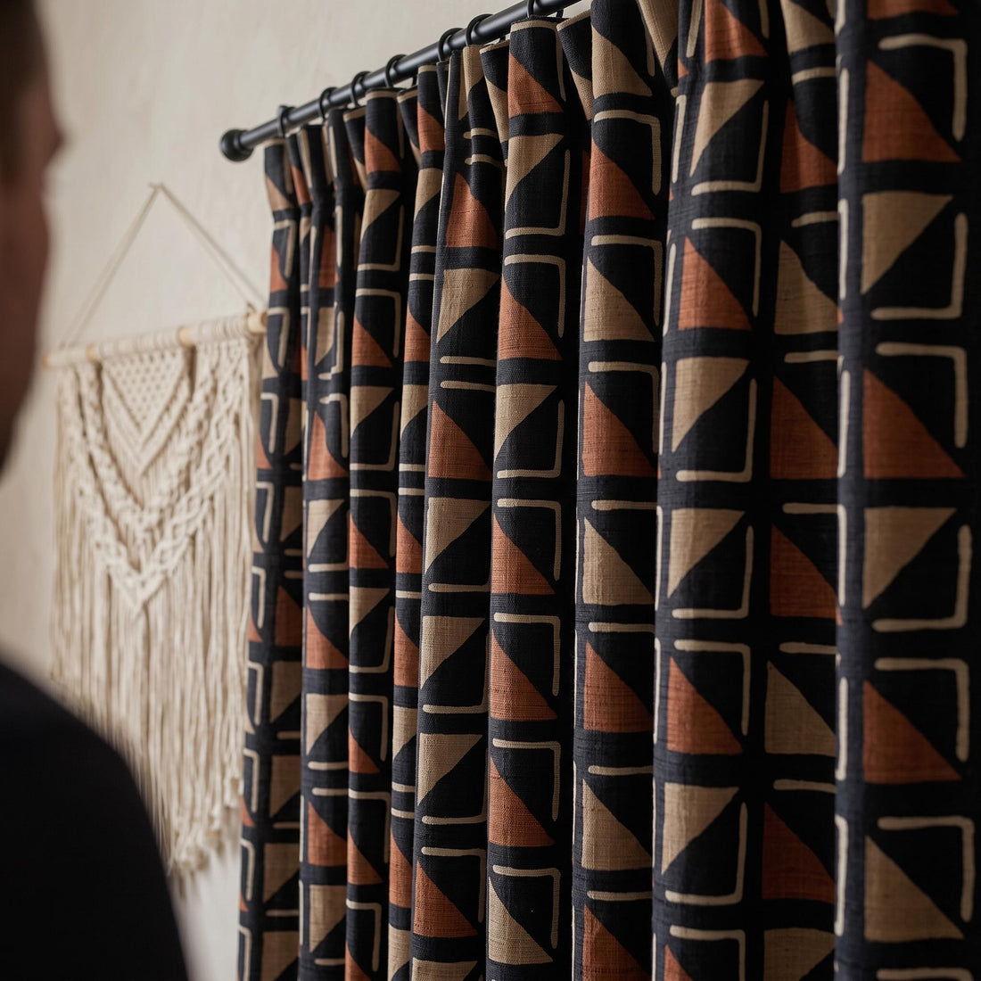 Black Terracotta Tribal Linen Curtains, Boho Geometric Drapes, Heavy Abstract Linen Curtain Panels, Blackout Custom Curtains — image 1