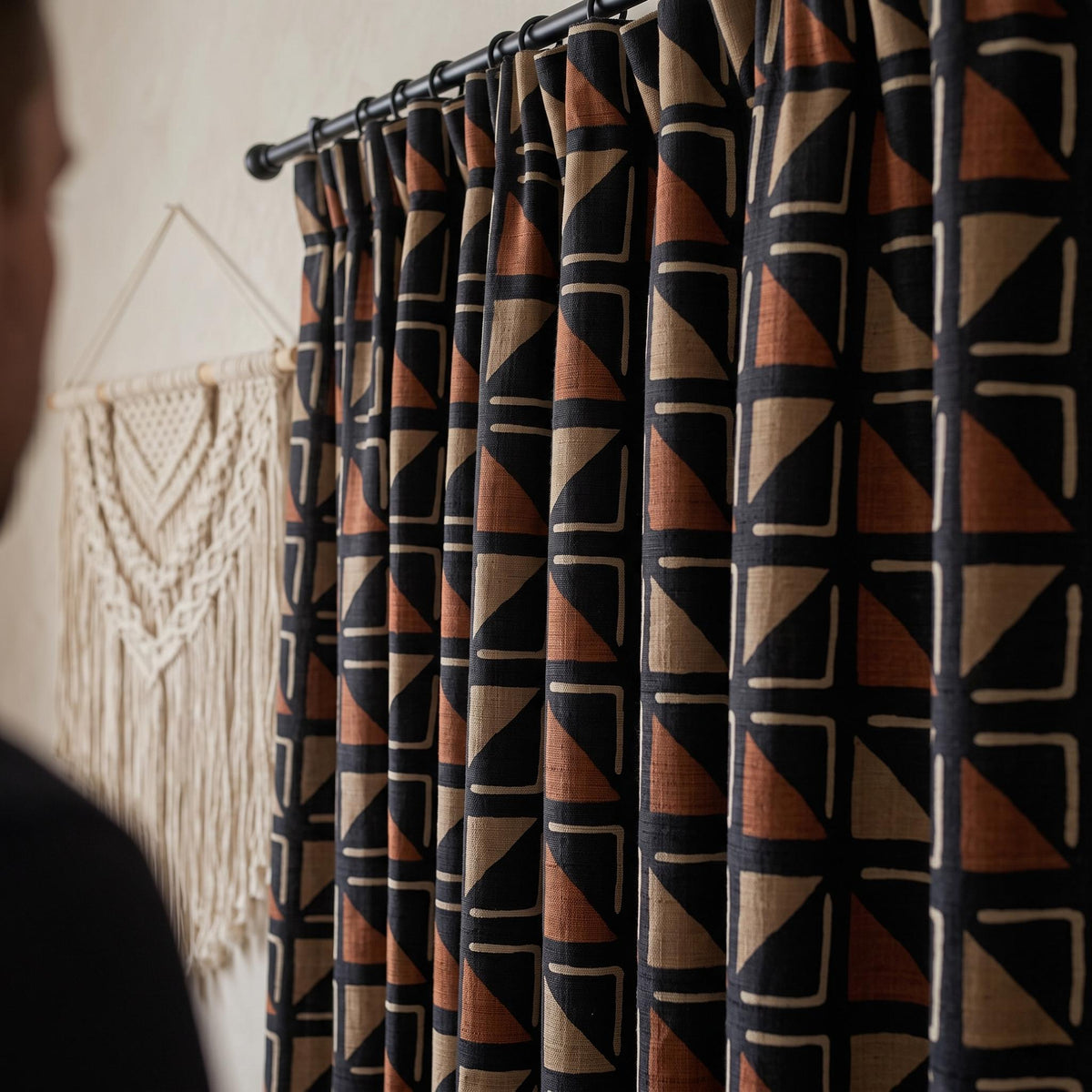 Black Terracotta Tribal Linen Curtains, Boho Geometric Drapes, Heavy Abstract Linen Curtain Panels, Blackout Custom Curtains — image 2