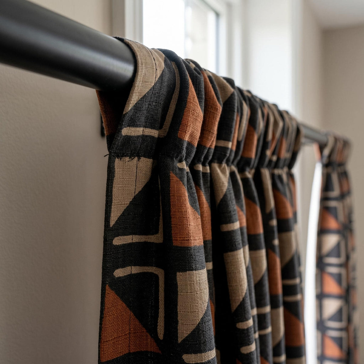 Black Terracotta Tribal Linen Curtains, Boho Geometric Drapes, Heavy Abstract Linen Curtain Panels, Blackout Custom Curtains — image 8