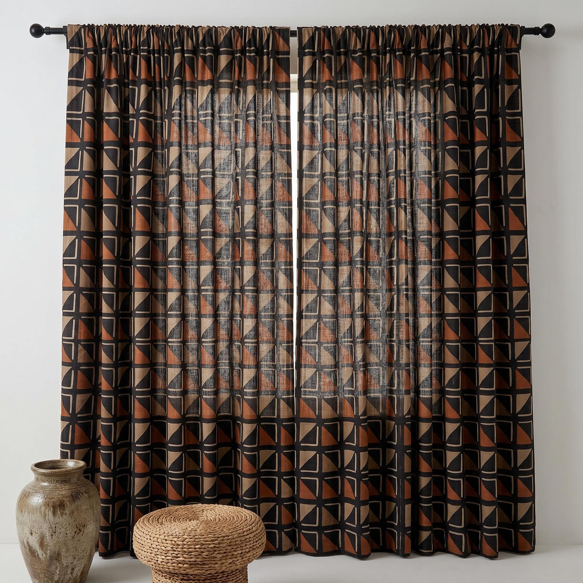 Black Terracotta Tribal Linen Curtains, Boho Geometric Drapes, Heavy Abstract Linen Curtain Panels, Blackout Custom Curtains — image 10