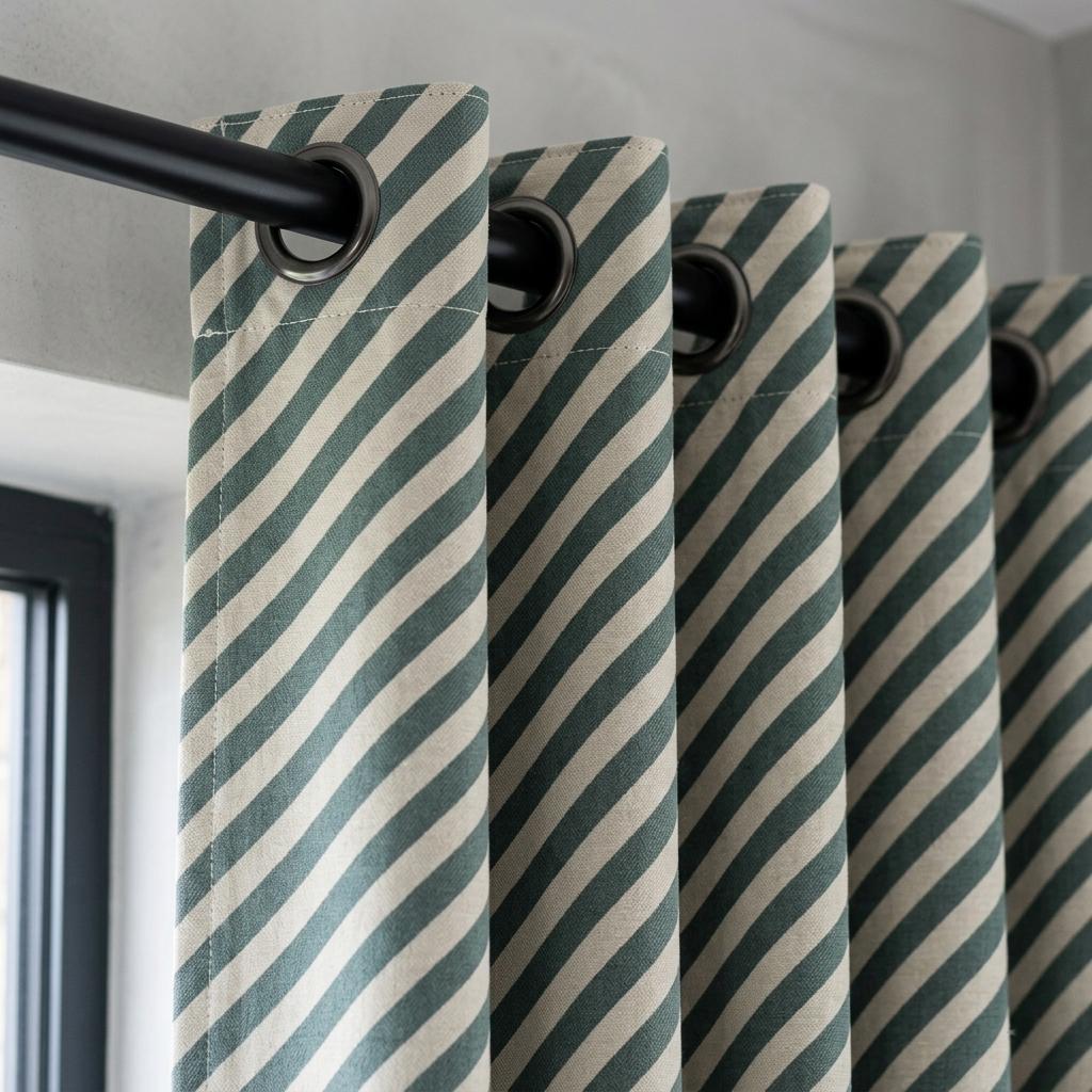 Blue Green Stripe Linen Curtains, Heavy Pure Linen Drapes, Slate Teal Diagonal Striped Blackout or Cotton Lined Curtain — image 3