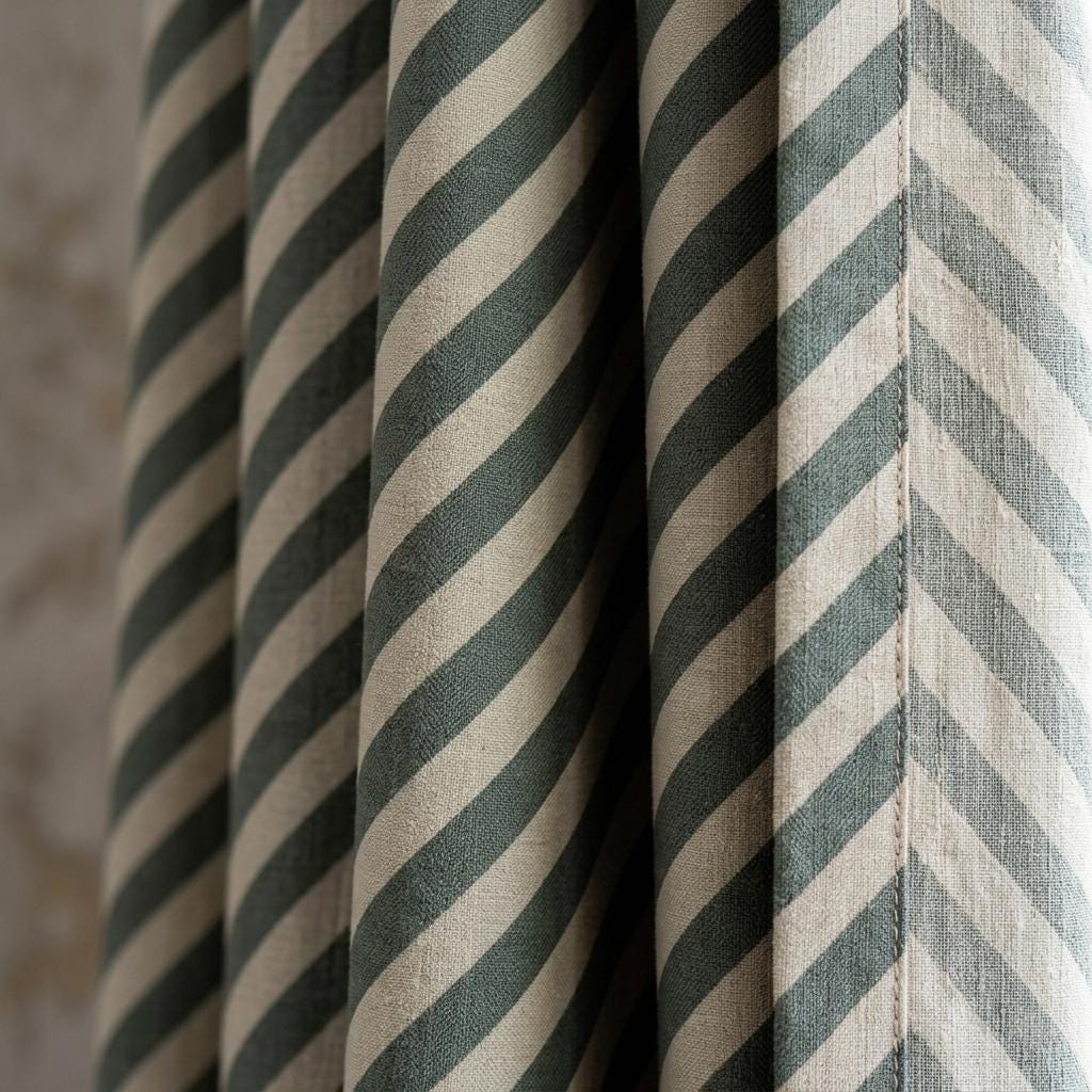 Blue Green Stripe Linen Curtains, Heavy Pure Linen Drapes, Slate Teal Diagonal Striped Blackout or Cotton Lined Curtain — image 4