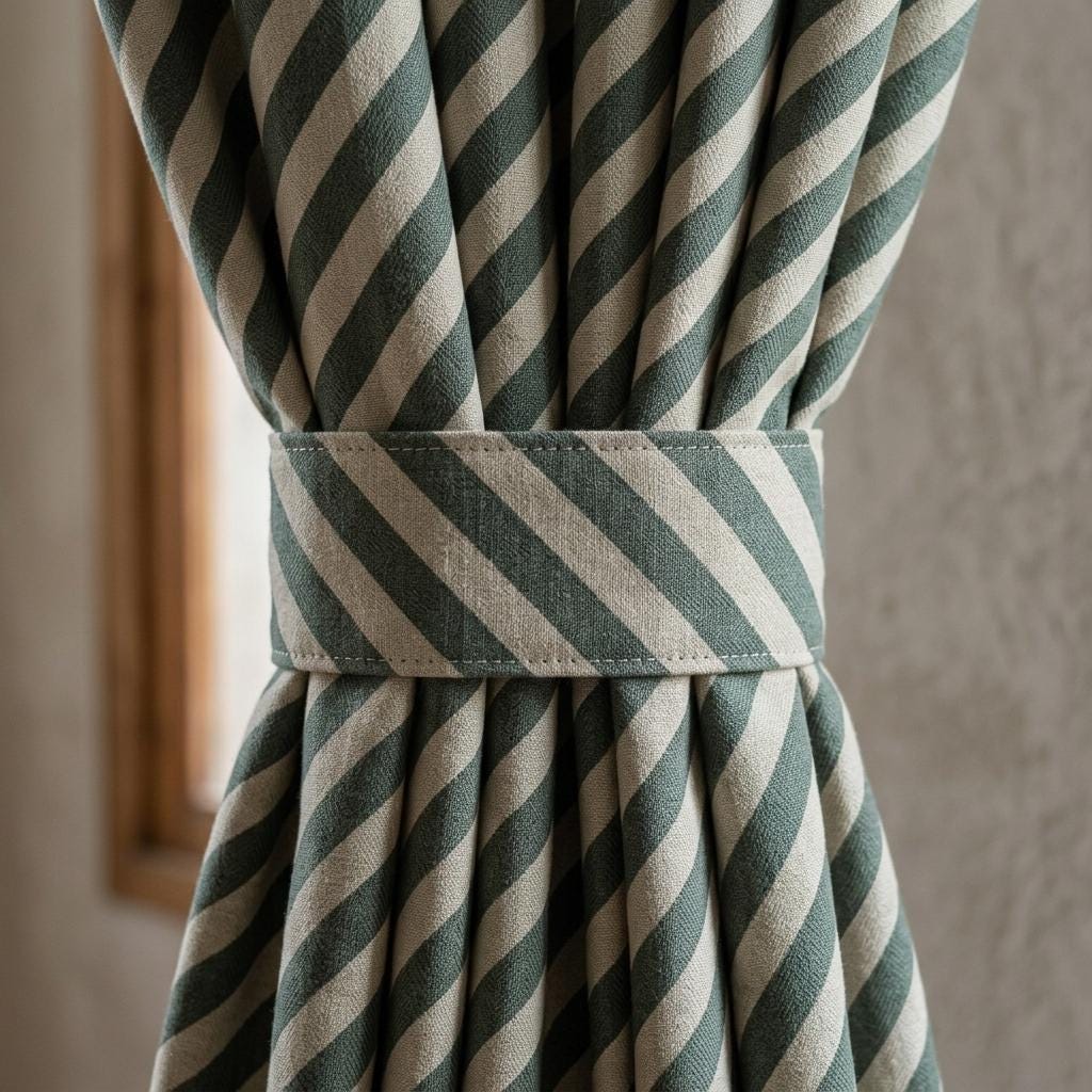 Blue Green Stripe Linen Curtains, Heavy Pure Linen Drapes, Slate Teal Diagonal Striped Blackout or Cotton Lined Curtain — image 2