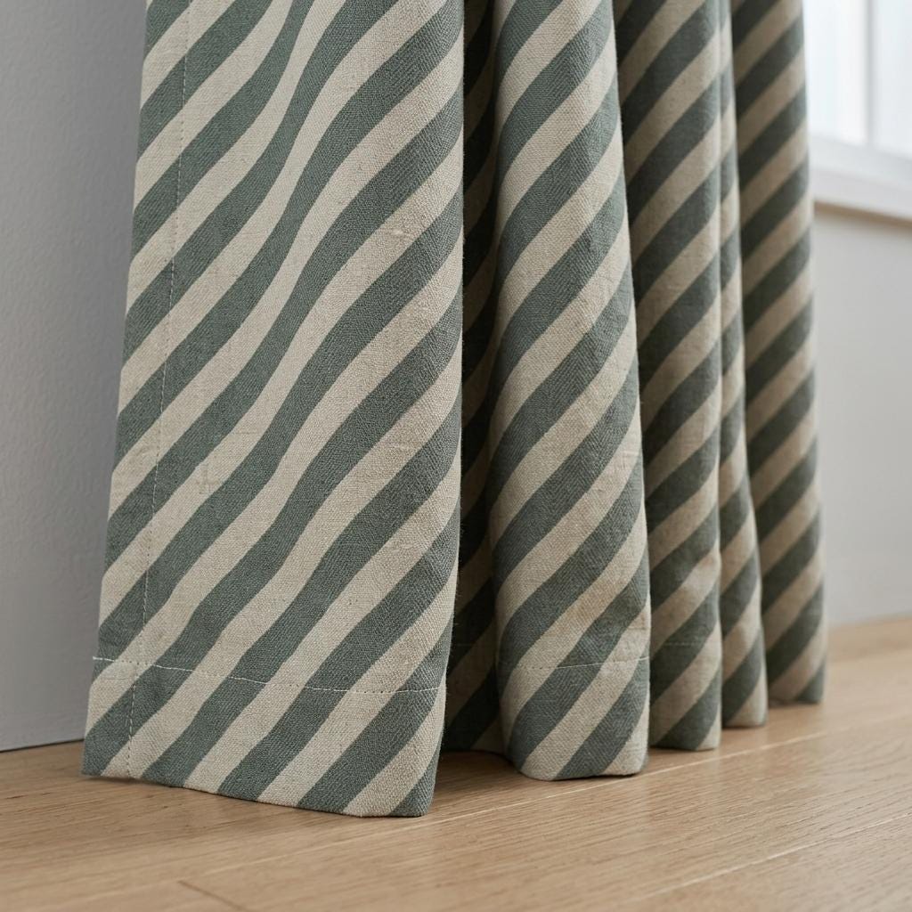 Blue Green Stripe Linen Curtains, Heavy Pure Linen Drapes, Slate Teal Diagonal Striped Blackout or Cotton Lined Curtain — image 9