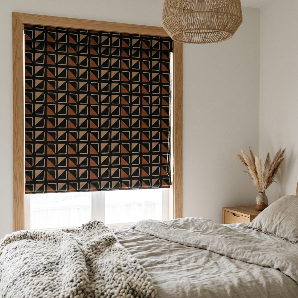 Black Terracotta Tribal Linen Roman Shade, Custom Corded Roman Blind, Geometric Window Shade, Blackout or Cotton Lined — image 9