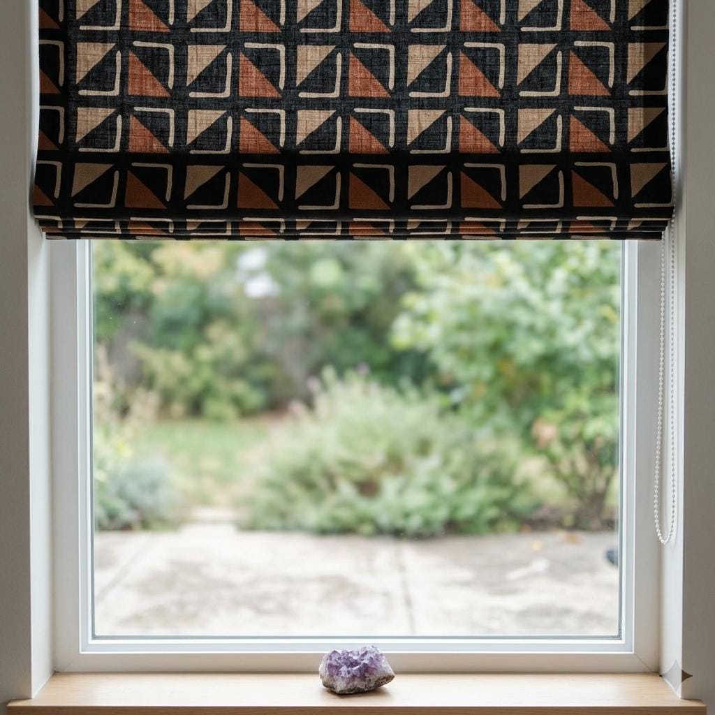 Black Terracotta Tribal Linen Roman Shade, Custom Corded Roman Blind, Geometric Window Shade, Blackout or Cotton Lined — image 8