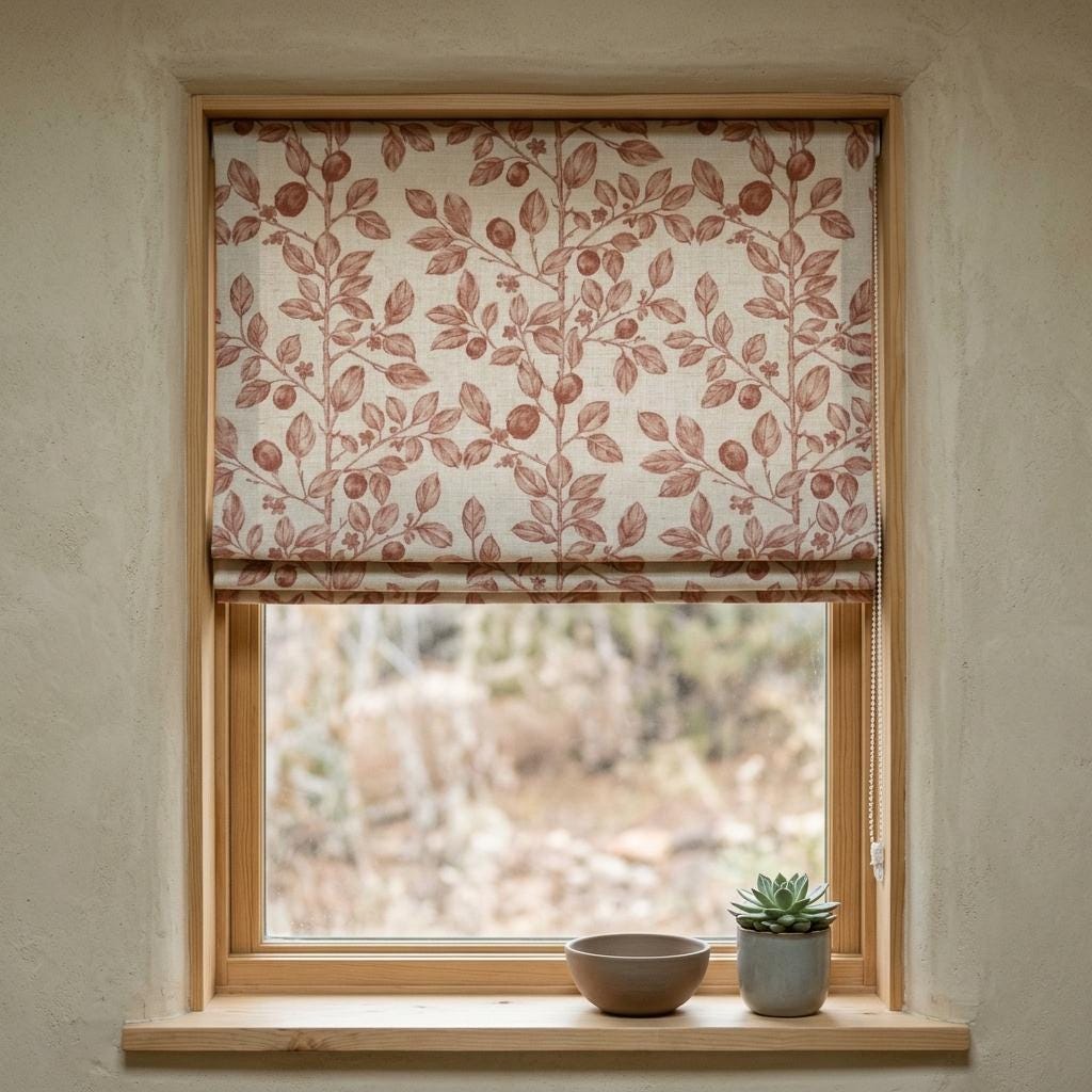 Dusty Rose Botanical Linen Roman Shade, Custom Corded Roman Blind, Floral Vine Window Shade, Blackout or Lined — image 7