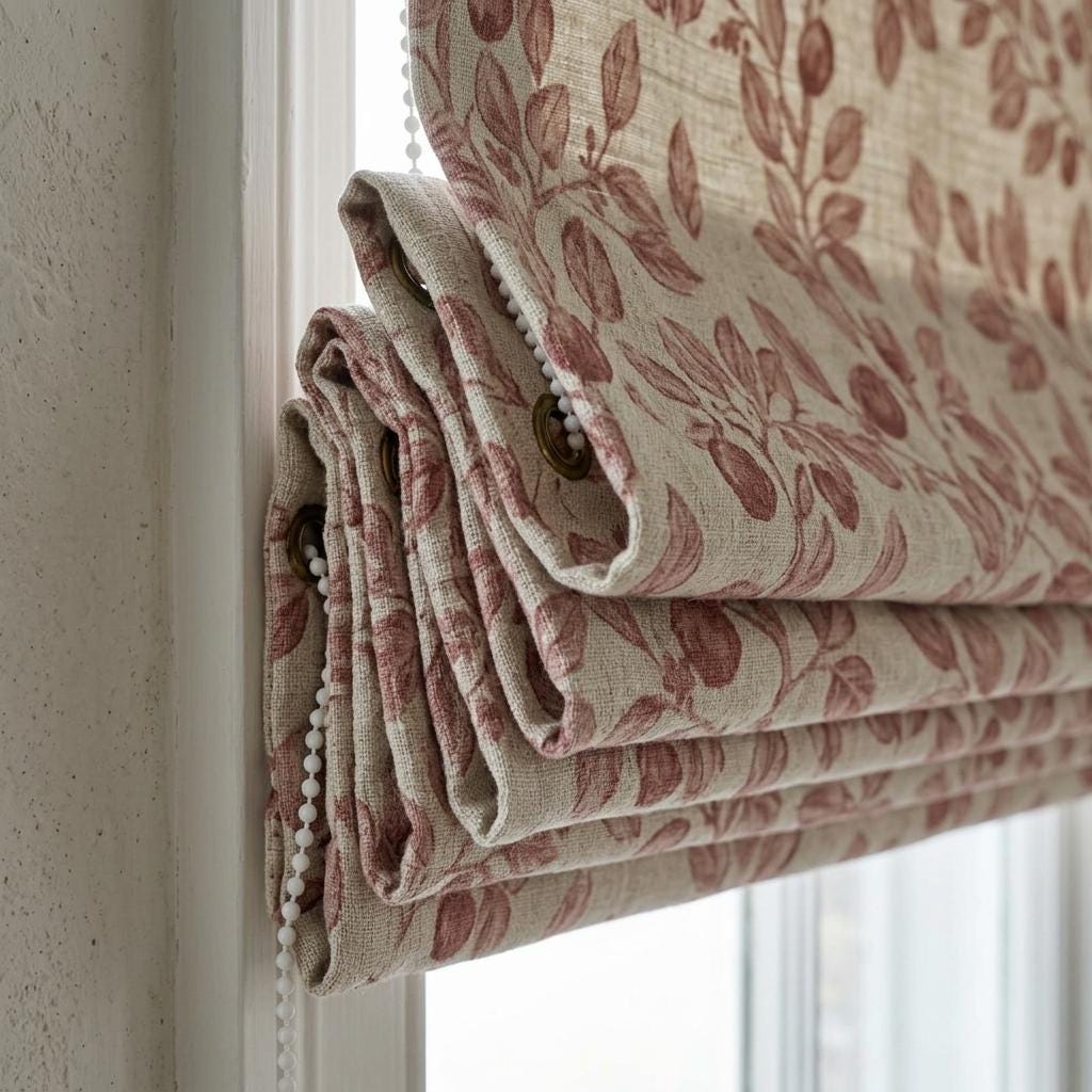 Dusty Rose Botanical Linen Roman Shade, Custom Corded Roman Blind, Floral Vine Window Shade, Blackout or Lined — image 8