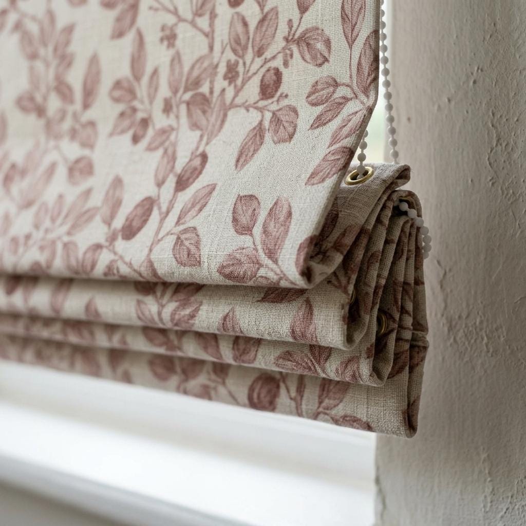 Dusty Rose Botanical Linen Roman Shade, Custom Corded Roman Blind, Floral Vine Window Shade, Blackout or Lined — image 2