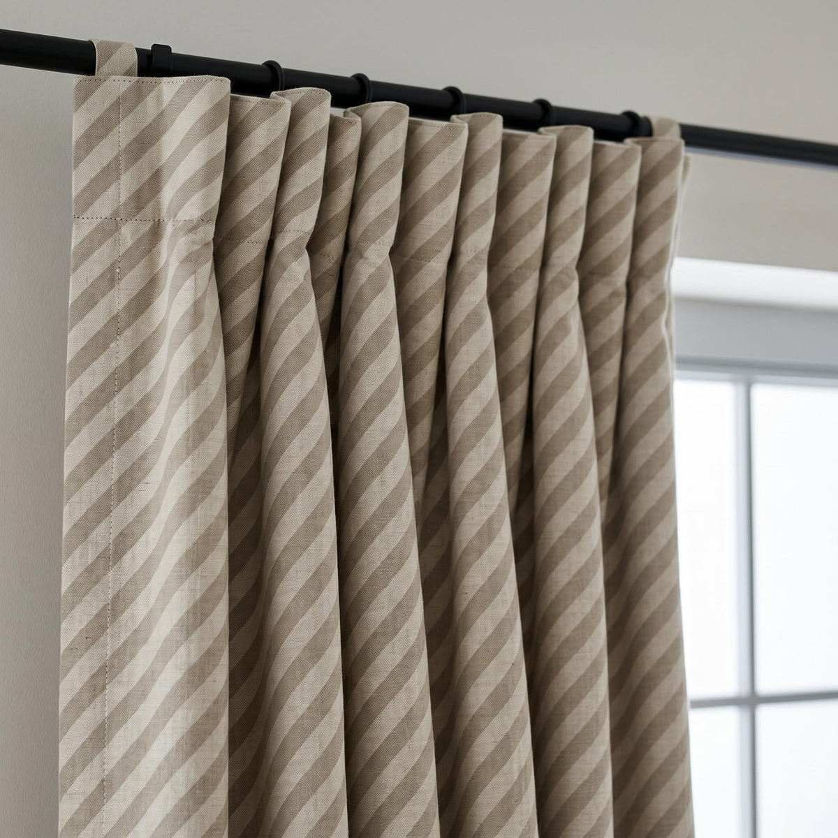 Taupe Stripe Linen Curtains, Heavy Pure Linen Drapes, Neutral Diagonal Striped Blackout or Cotton Lined Custom Curtain — image 3
