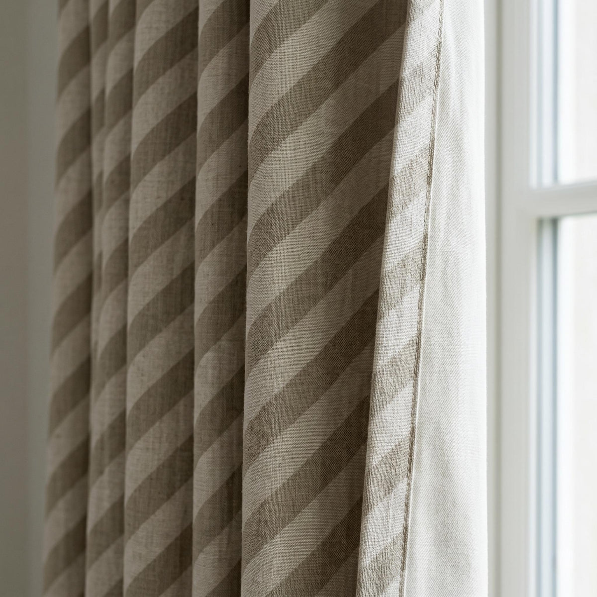 Taupe Stripe Linen Curtains, Heavy Pure Linen Drapes, Neutral Diagonal Striped Blackout or Cotton Lined Custom Curtain — image 5