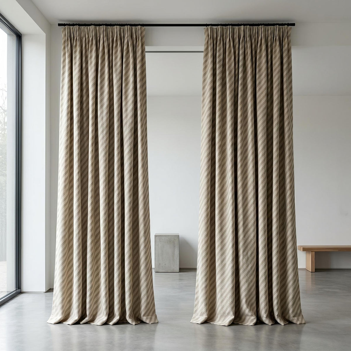 Taupe Stripe Linen Curtains, Heavy Pure Linen Drapes, Neutral Diagonal Striped Blackout or Cotton Lined Custom Curtain — image 8