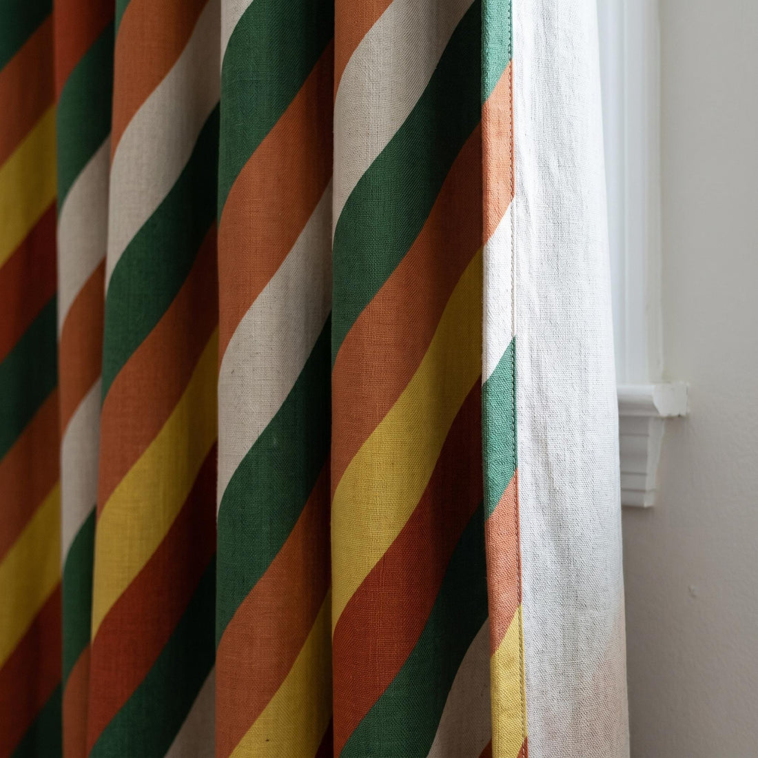 Rainbow Stripe Linen Curtains, Heavy Pure Linen Drapes, Retro Diagonal Striped Blackout or Cotton Lined Custom Curtain — image 1