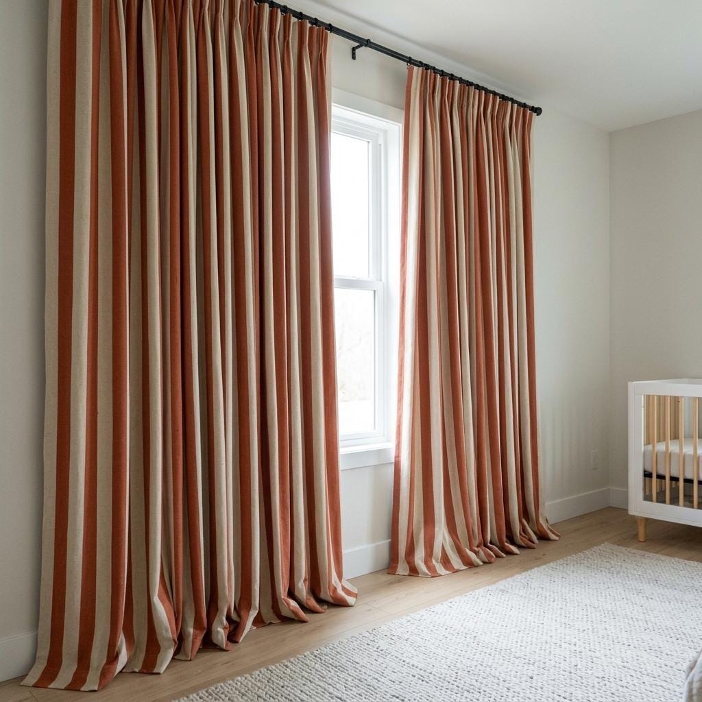 Terracotta Stripe Linen Curtains, Heavy Pure Linen Drapes, Rust Orange Vertical Striped Blackout or Cotton Lined Curtain — image 6